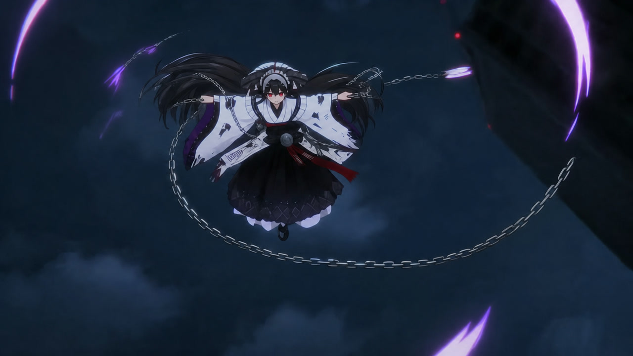 夜の都市を舞台に戦う巫女のアニメーション